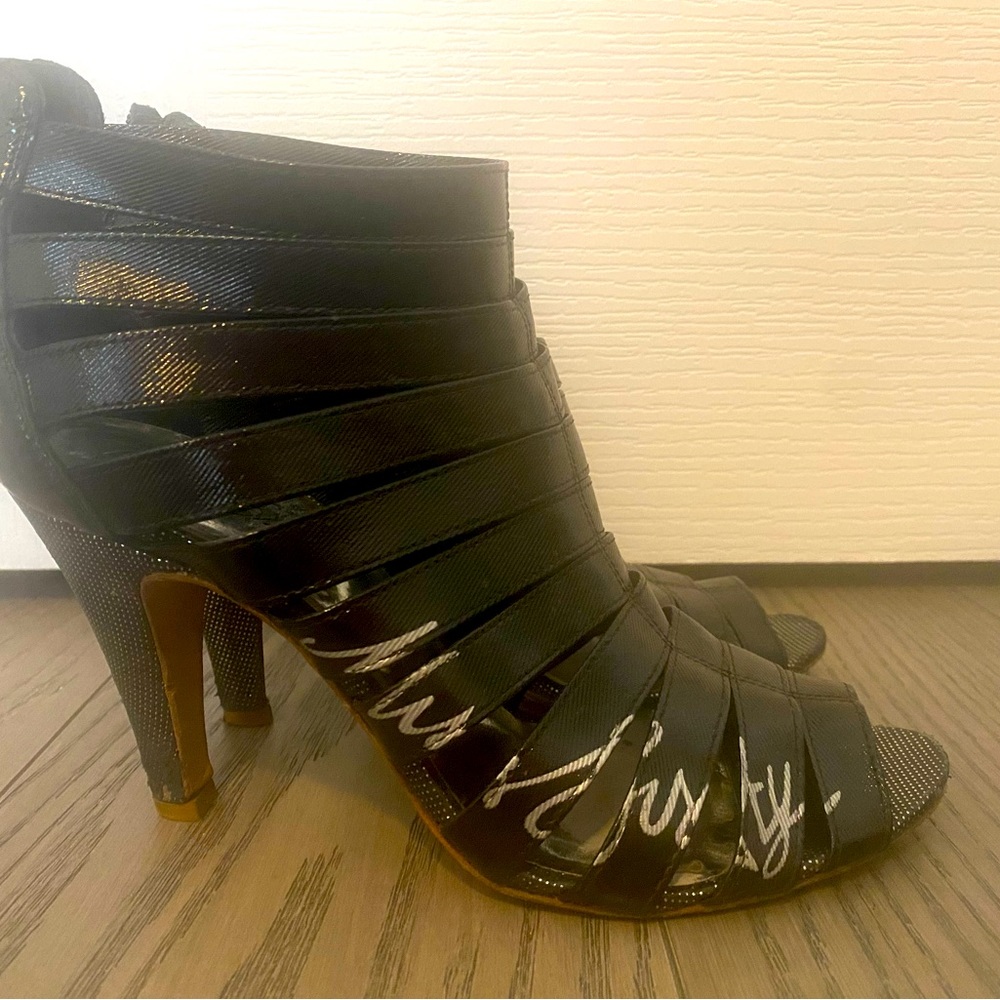 Miss Sixty (circa early 2000s) black leather open-toed bootie heels.